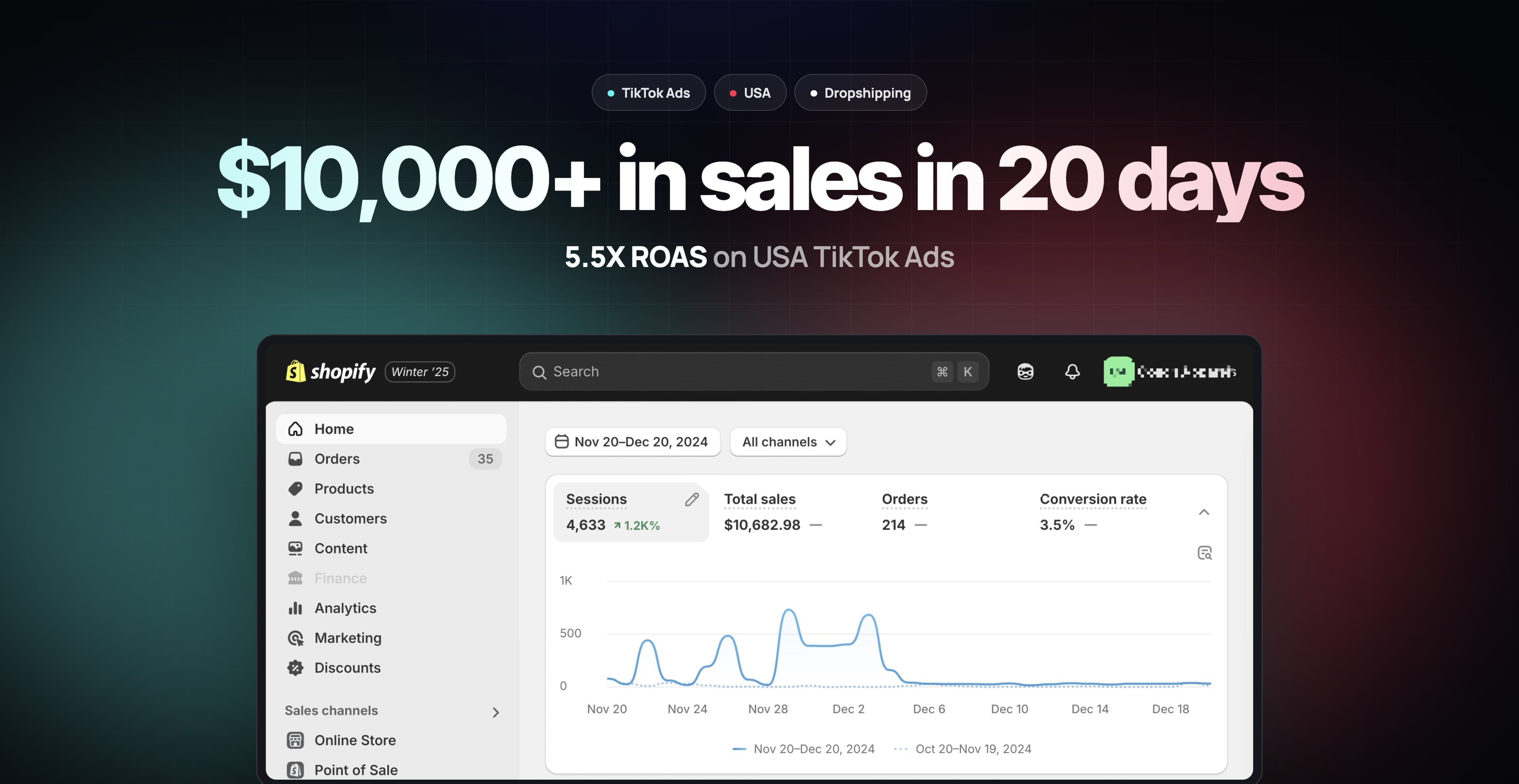 $10,000+ in sales in 20 days with 5.5X ROAS on USA TikTok Ads