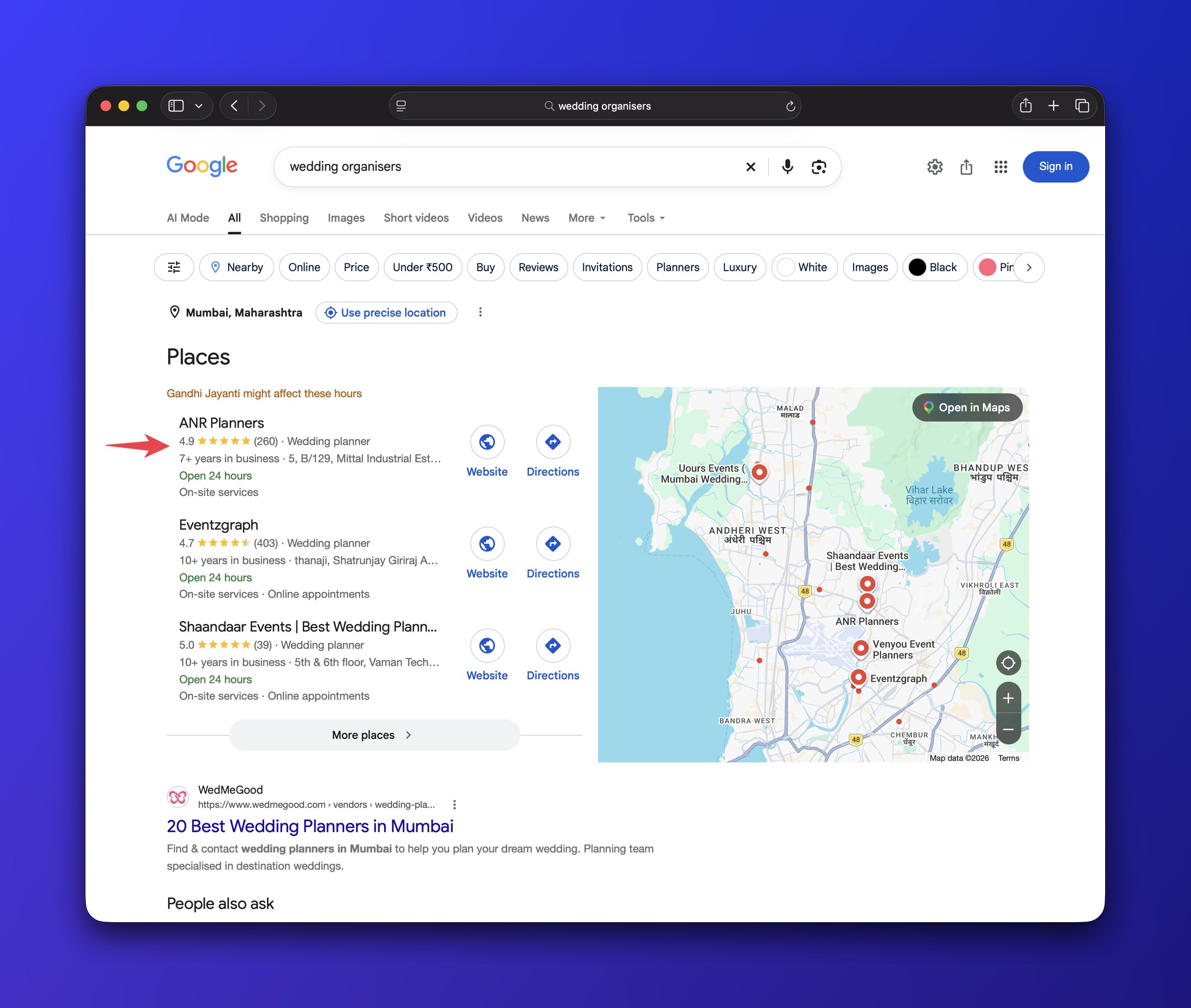 Google Maps pack for 'wedding organisers' in Mumbai: ANR Planners in first place.