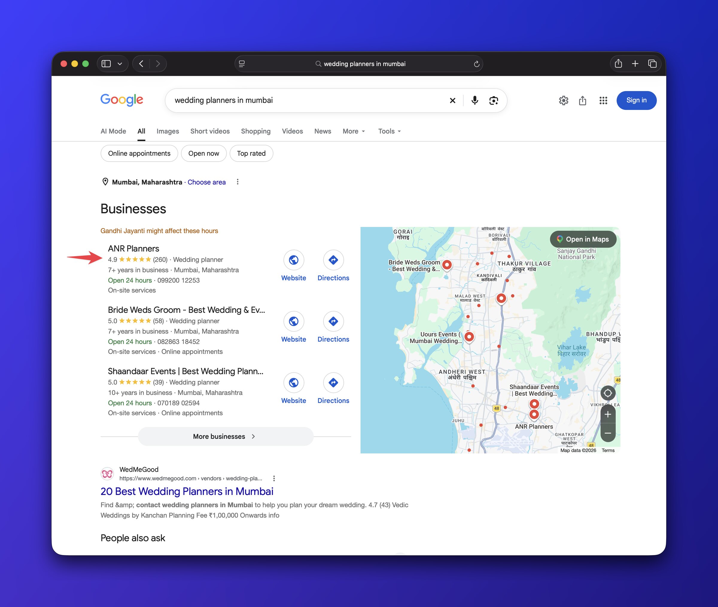 Google Maps pack for 'wedding planners in mumbai': ANR Planners in first place, October 2026.
