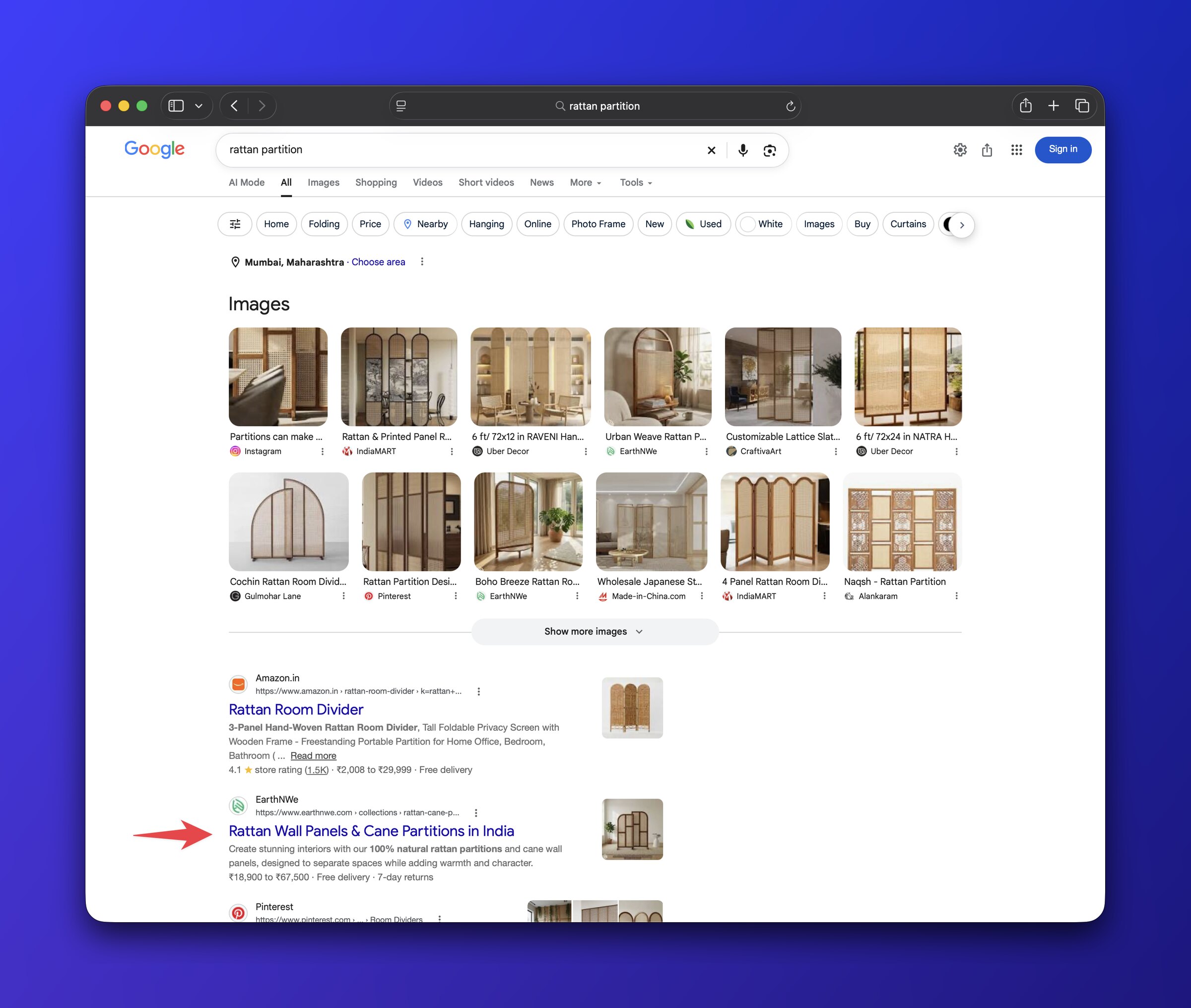 'rattan partition' on Google: EarthnWe in the image results and the organic listings.